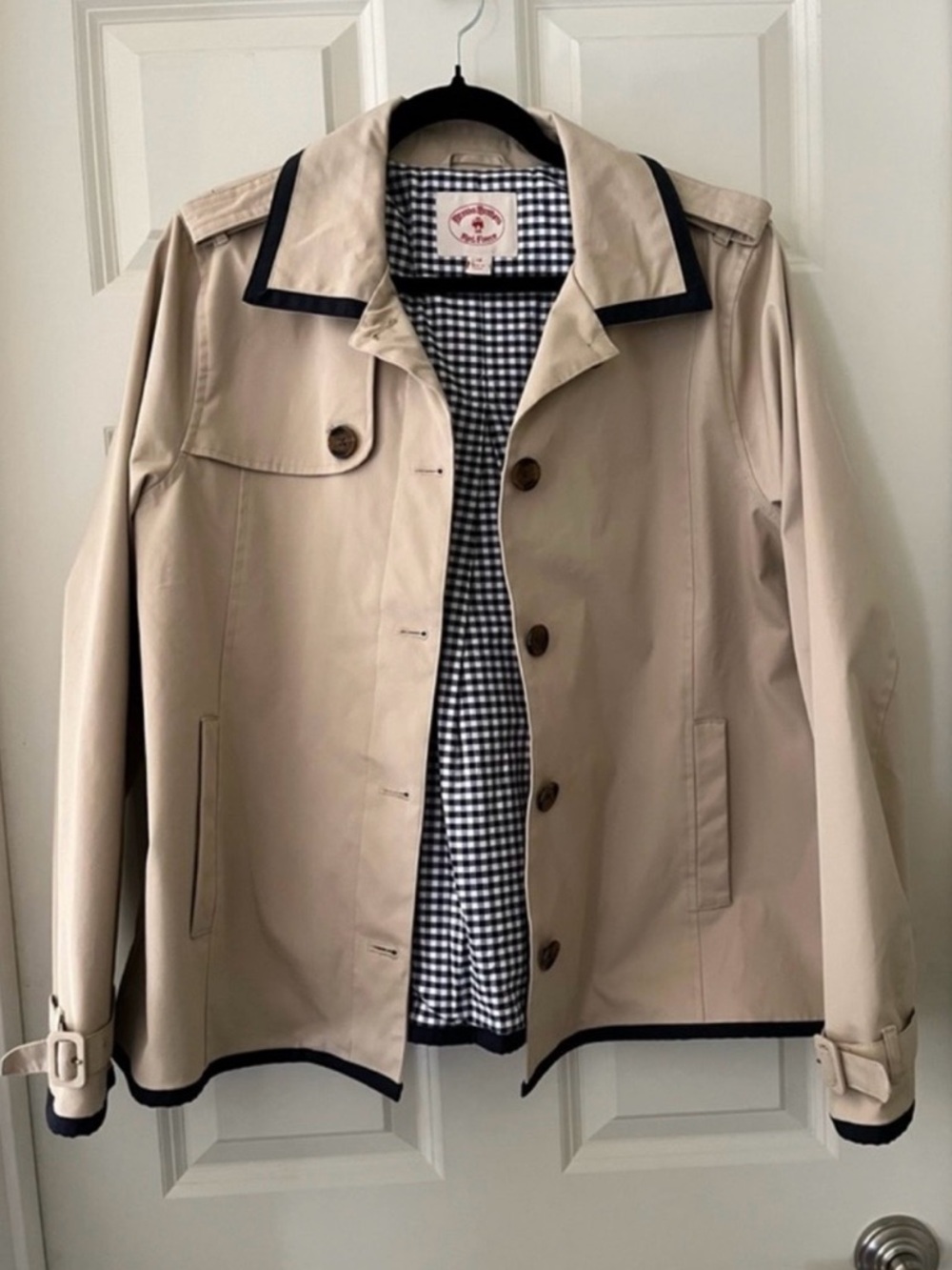 Brooks Brothers Red Fleece Beige Black Trim Cropped Trench Jacket Sz 8